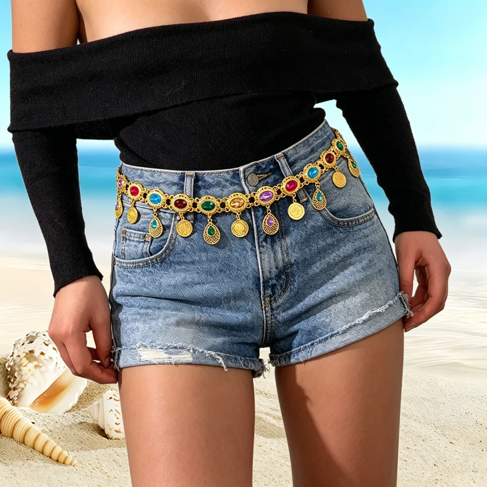 Ladies Coin Tassel Belt with Colorful Rhinestones Versatile Occasion Wear Gold Coin Design Fashionable Accessory