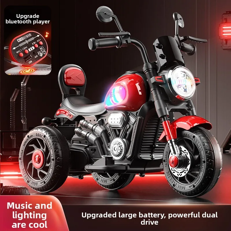 دراجة نارية كهربائية للأطفال بثلاث عجلات، لعبة سيارة قابلة لإعادة الشحن، أضواء موسيقية، محرك مزدوج، مقعد ثابت ومسند الظهر