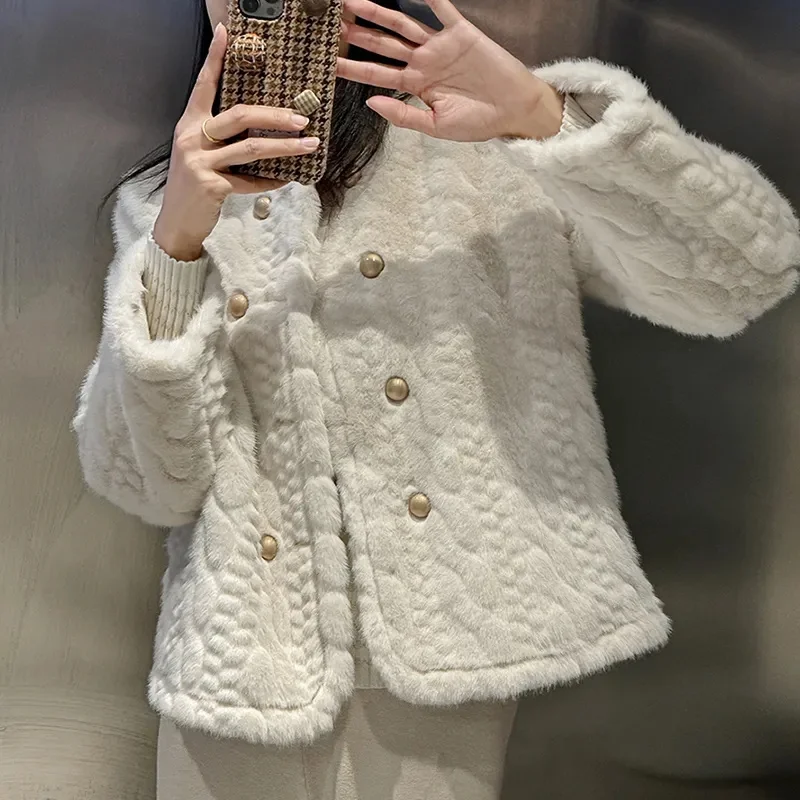 Autumn Winter 2024 New Imitation Mink Fur Coat Women\'s Short Jacket Plus Cotton Padded Outerwear Round Neck Mao Mao Woolen Coat