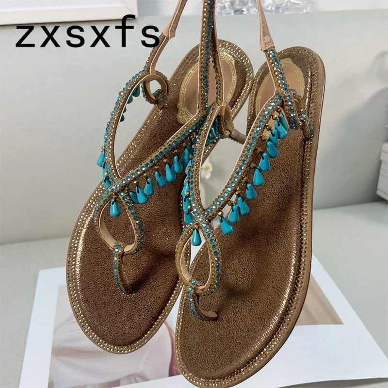 

2024 Summer New Leather Crystal Flats Sandals Women Flip Flops Buckle Strap Mules Brand Casual Holiday Shoes Daily Shoes Mujer
