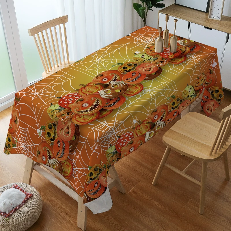 Halloween Pumpkin and Cobweb Pattern Kitchen Rectangle Tablecloth for Holiday Party Home Table Decoration Accessories