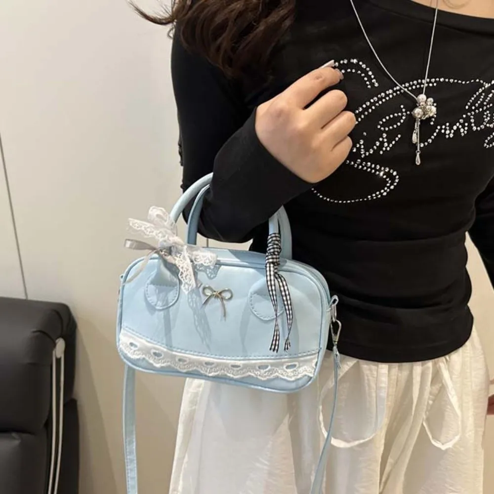 

Pea Bag PU Leather Boston Handbag Lace Ribbon Waterproof Crossbody Bowling Bag Bow Texture Small Square Bag School