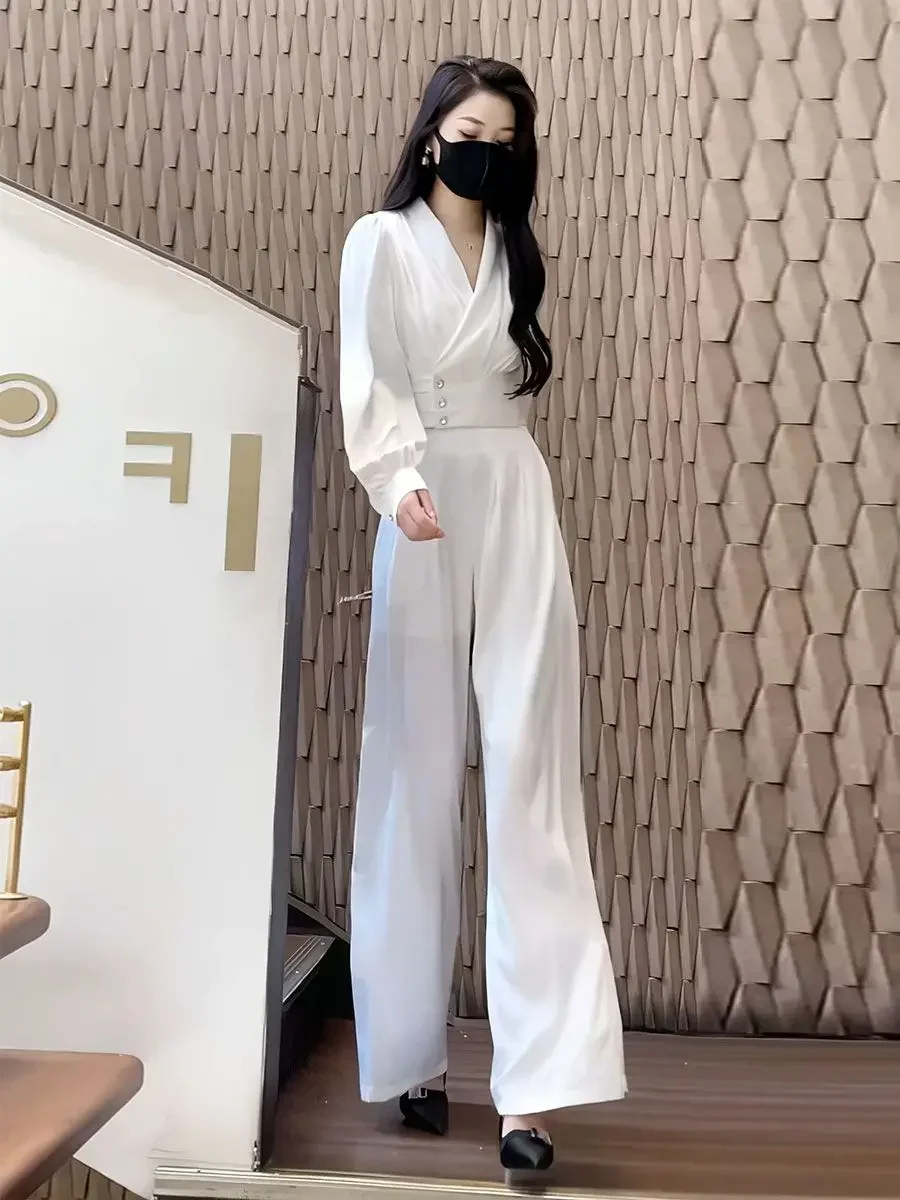 

Ladies Trouser Formal Wide Leg Spring Autumn Business Women's Blouse and Pants Two Piece Set White Shirt Aesthetic Clothes