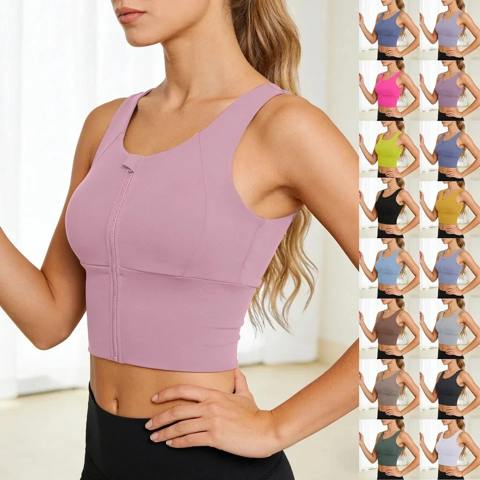 Front Zipper Women Sports Yoga Vest Breathable Wirefree Bras Shockproof Padded Push Up Crop Top Fitness Gym Workout Tank Tops