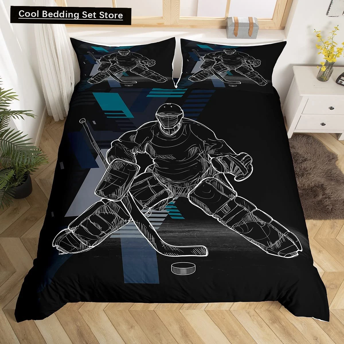 

Ice Hockey Duvet Cover Puck Hockey Player Winter Event Bedding Set Boys Sports Game Quilt Cover Black Polyester Comforter Cover