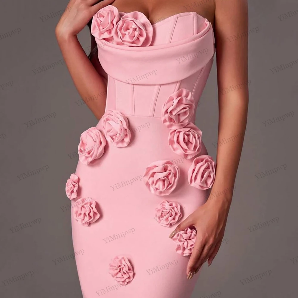 Abito da cerimonia nuziale rosa senza spalline Personalizzato senza maniche Sirena Fiori Abiti da sera in raso Abiti da festa alla caviglia