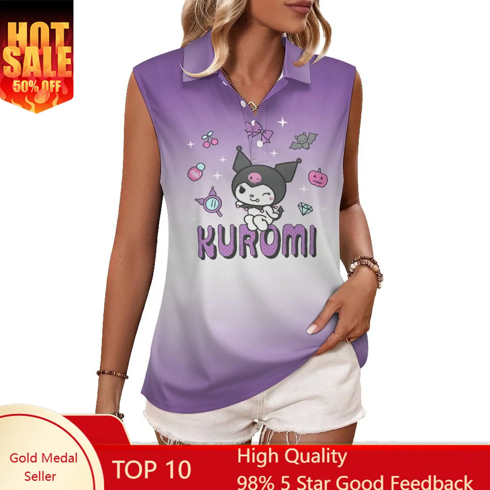 

Kuromi Tank Top Womens Sanrio Cartoon Sleeveless Polo Shirt Breathable Tshirt Fashion Vest Cute Summer Clothing