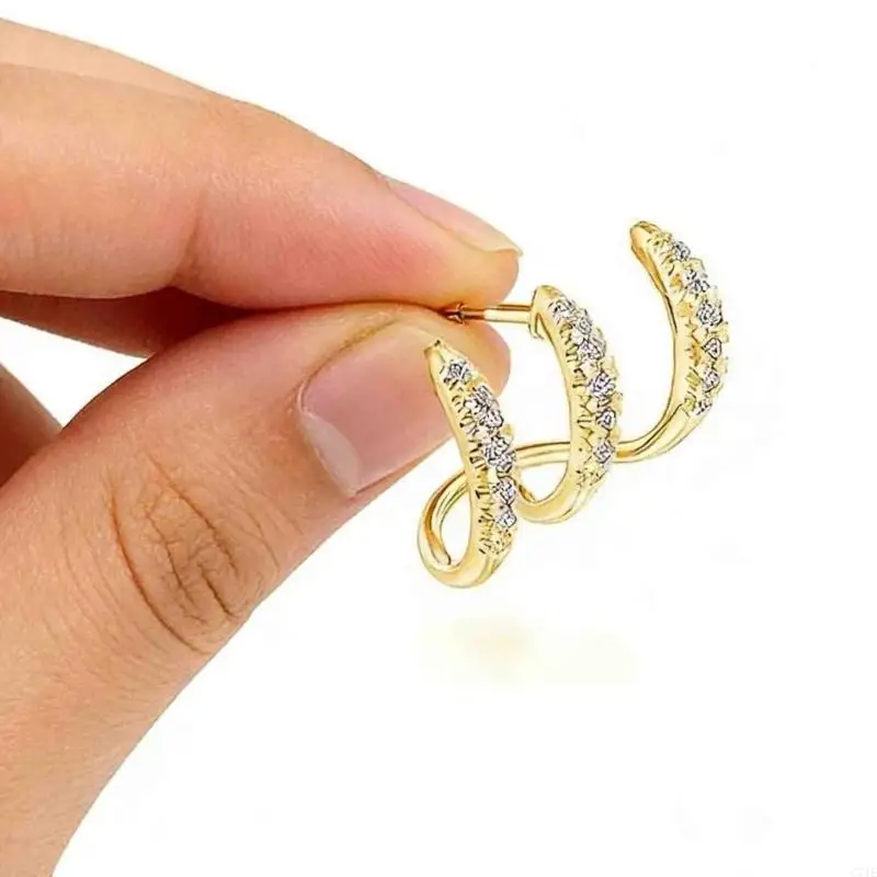 Triple Row Curved Earrings for Women, Bright Stone Detail Pair with Ear Framing for Commute Date Party Looks