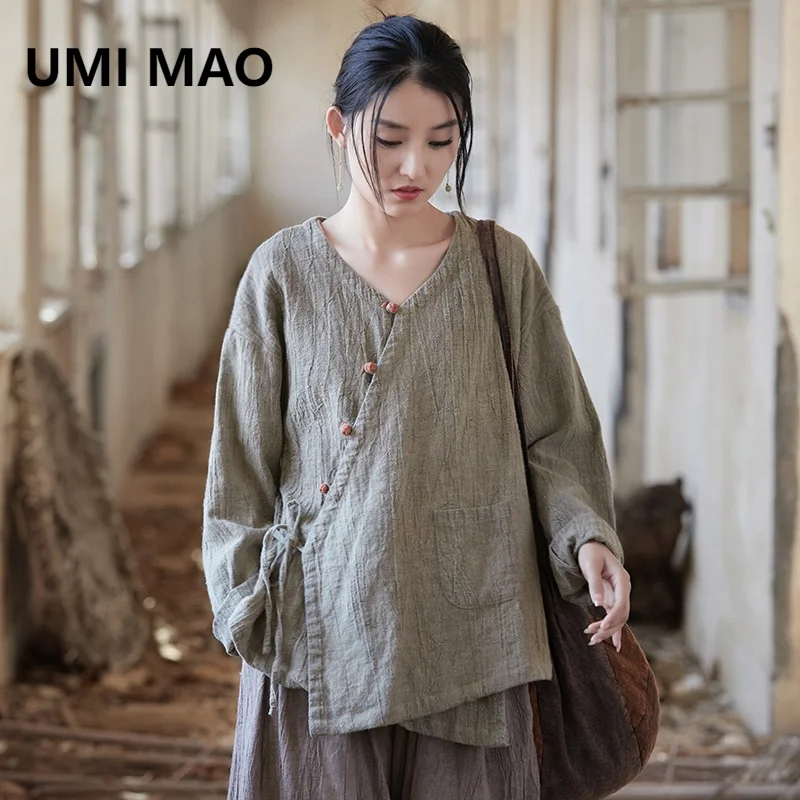 UMI MAO Summer Top Women's New Linen Handmade Tie Dyed Top Coat Improved Slanted Front Loose Slimming Women's Shirt Cardigan