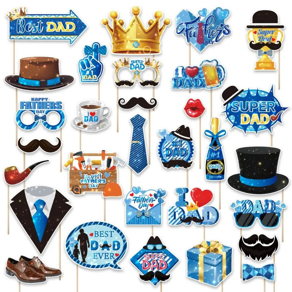 

30pcs Blue Father's Day Photo Props Blessing Cap Mustache Glasses DAD Photography Decor Festival Dress Up Costume Mask