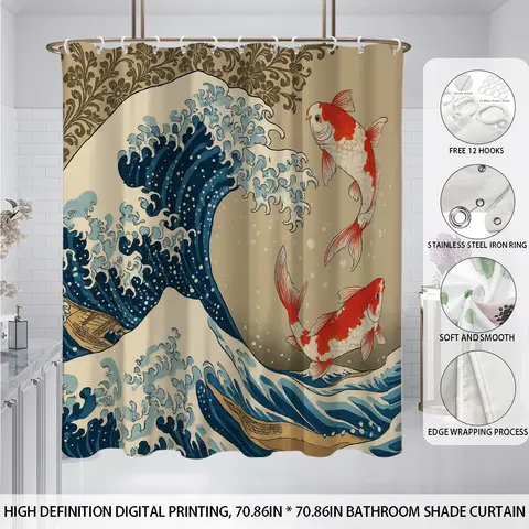 Cortina de ducha impermeable con estampado de amanecer ondulado, cortina colgante de privacidad con 12 ganchos, varios tamaños, lavable a máquina, 1 ud.