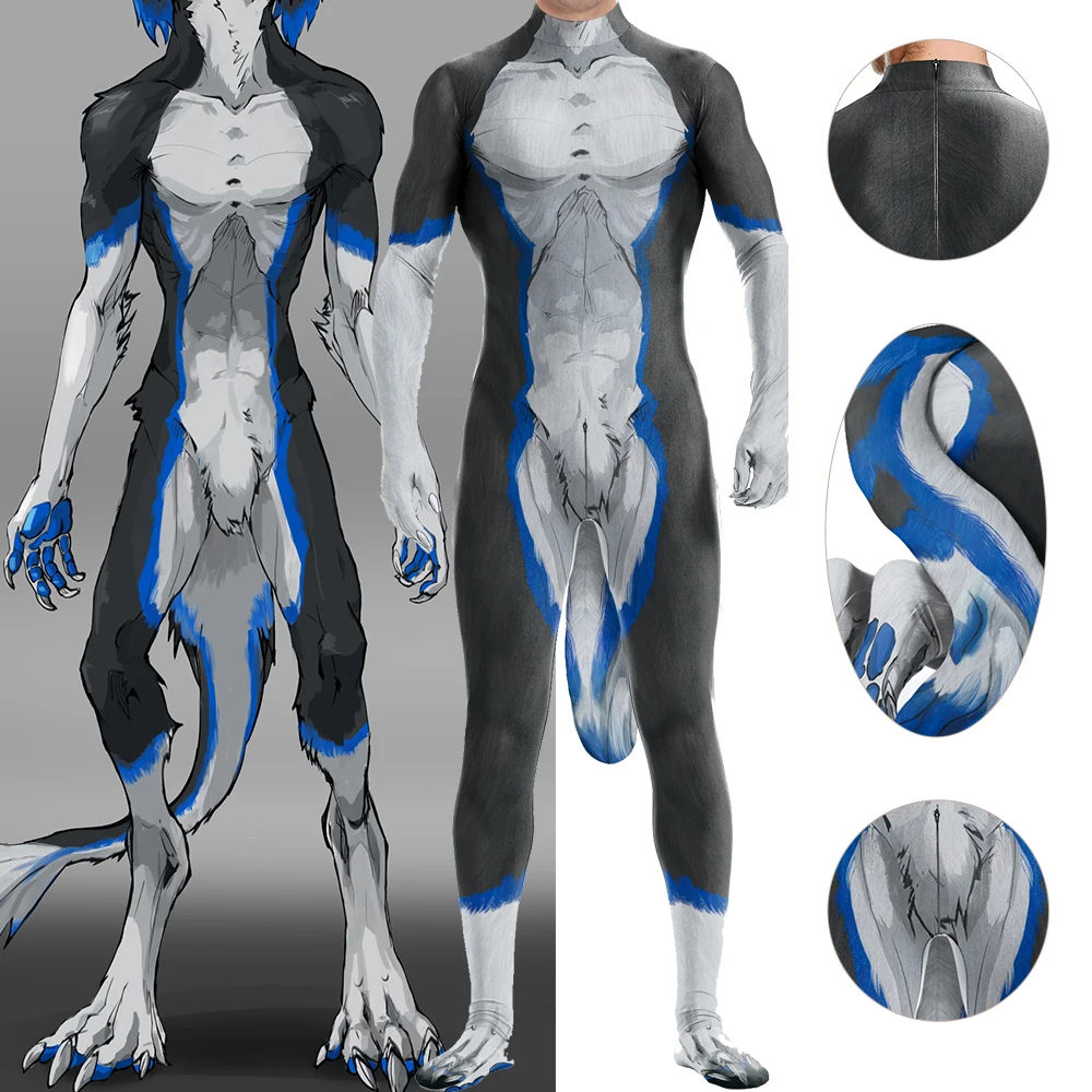 

Wolf Animal Cosplay Costume 3D Fox Texture Print Men Bodysuit with Tail Crotch Zipper Unisex Jumpsuits Sexy Catsuit Zentai Suits