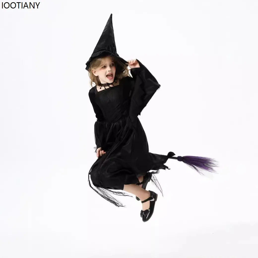 

Kids Black Magician Wizard Cosplay Costumes Halloween Girl Witch Role Play Fancy Dress Carnival Party Stage Performance Dress Up