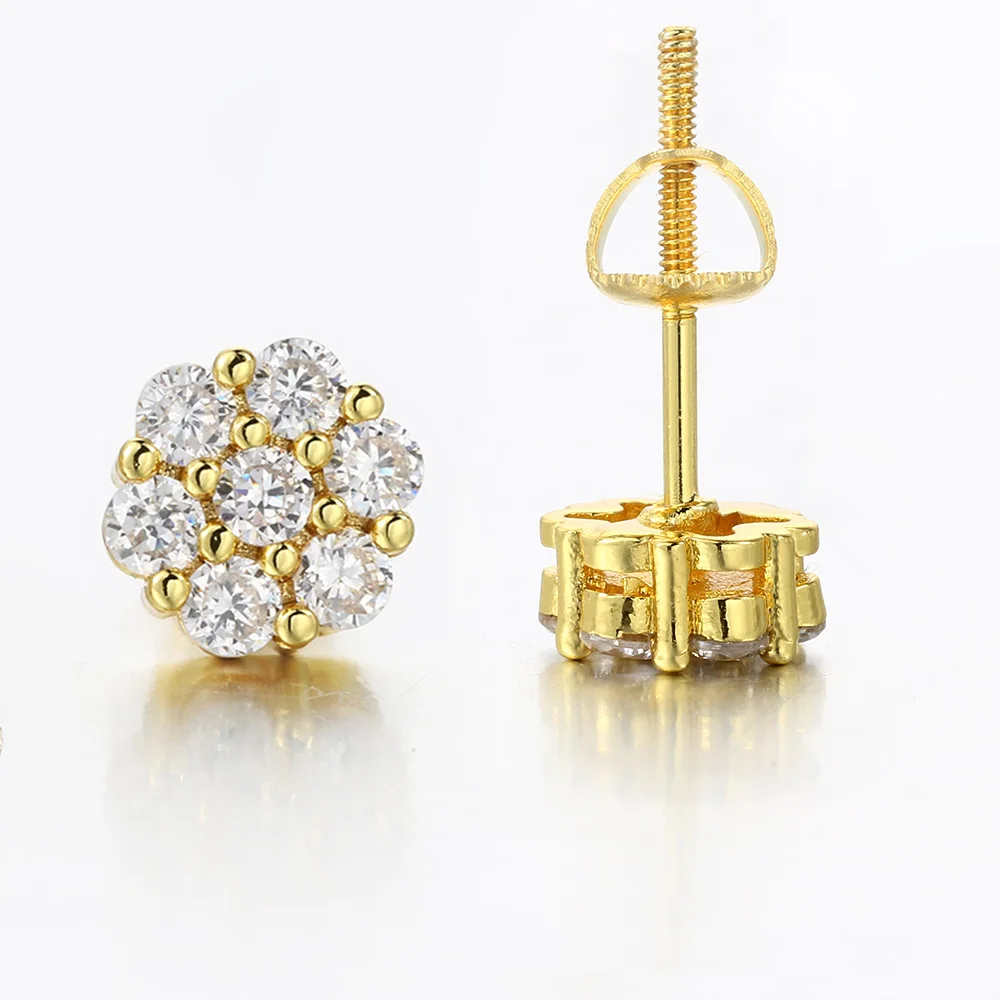 Iced Out CZ Flower Style Earrings Gold Color Hip Hop Screw Ear Stud For Women Men Punk Hip Hop Jewelry Gifts Wholesale OHE175