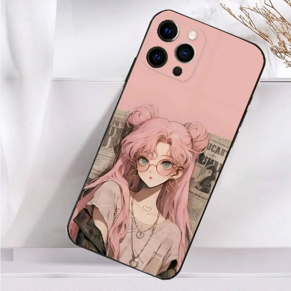 Funda rosa de dibujos animados Beauty Girl para iPhone 16,15,17,14,13,12,11 Plus,Pro Max,XS,X,XR,SE,Mini,8,7 funda negra de silicona suave