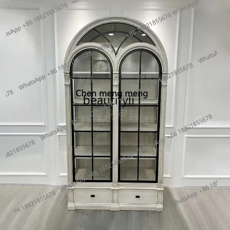 cn8350 ss American art architecture revival arched wine cabinet French solid wood retro old semi-circular glass door dining side