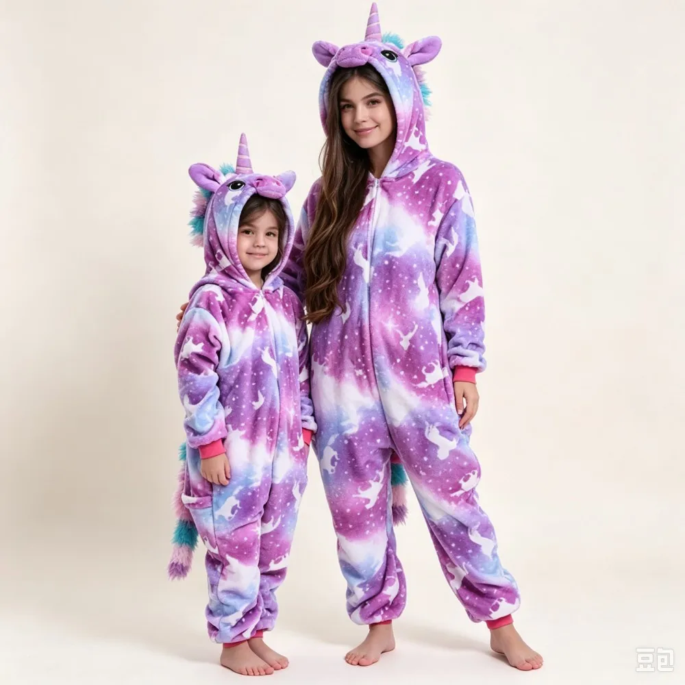 Unicorn Kigurumi Pajamas Winter Warm Flannel One Piece Hooded Jumpsuits Kids Pyjamas Halloween Christmas Cosplay Costume Oneises