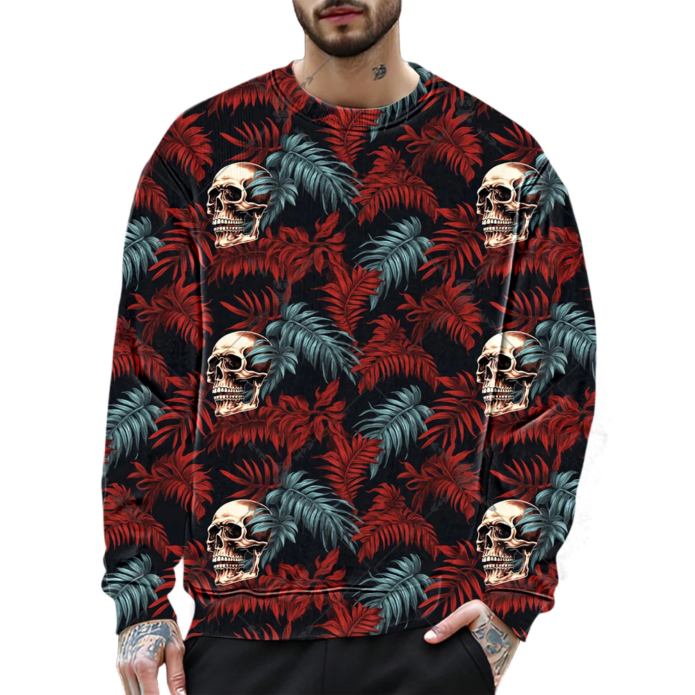 3D ดอกไม้กะโหลกกราฟิกเสื้อกันหนาวผู้ชายโกธิคการออกแบบสร้างสรรค์ O-คอแขนยาวเสื้อหลวมระบายอากาศได้ดีสบายเสื้อผ้า