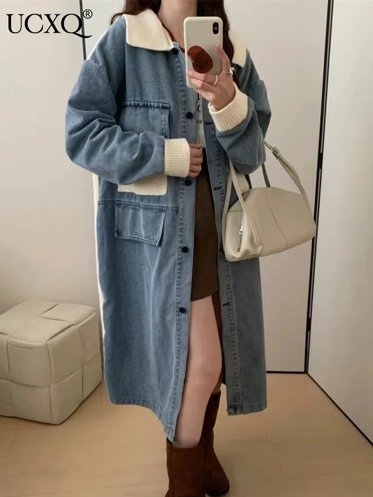 UCXQ Mode Denim Jacke Koreanischen Stil Stricken Patchwork Lose Einreiher Straße Flut Langen Mantel Frauen 2024 Frühling Herbst C1933