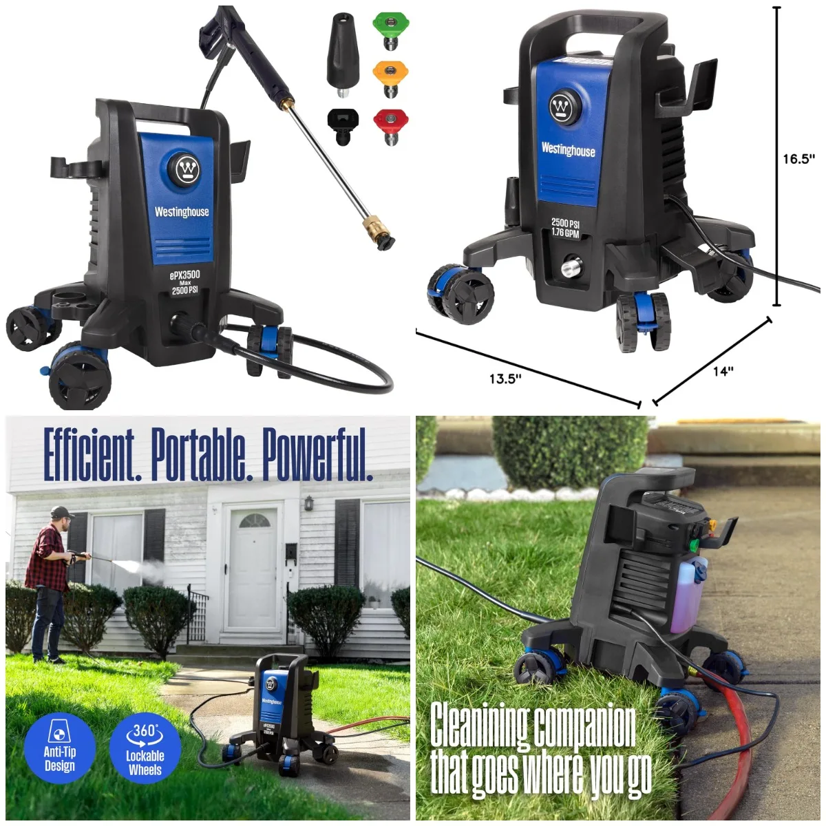 

ePX3500 Electric Pressure Washer, 2500 PSI, 1.76 GPM, Anti-Tipping, Soap Tank, Steel Wand, 5 Nozzles, for Cars, Fences, Driveway