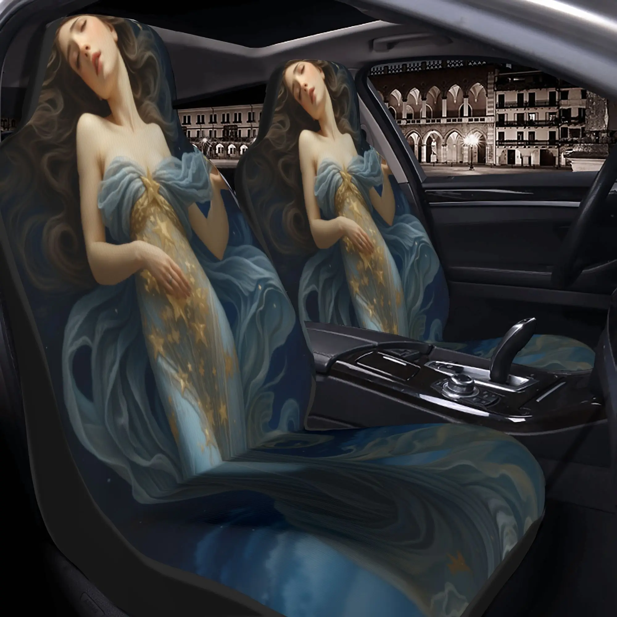 2pcs Starry Night Muse: A Celestial Beauty Floating In Moonlit SkiesCar Seat Covers, Suitable For All Vehicles, Christmas Gifts