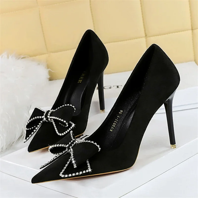 

BIGTREE Summer New Women Pumps Butterfly-Knot Fashion Rhinestones Decora Tion Female Silk Pointed Toe Stripper Party Heels