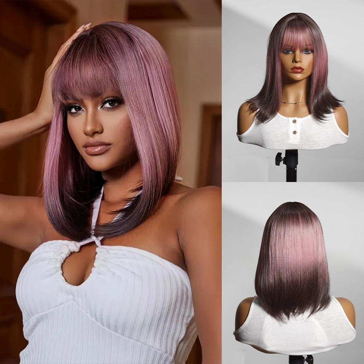 

14 inch wig, Siamese cat full head cover short hair Bobo head collarbone hair Qi bangs direct sales