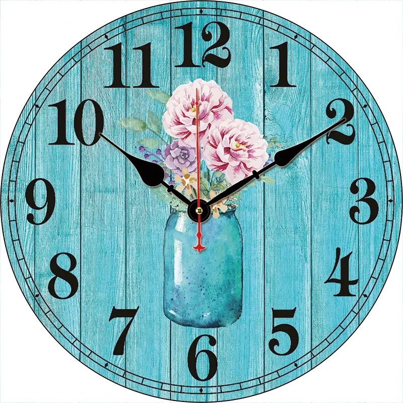 Vintage Wood Flower Kitchen Round Wall Clock Large Dinning Restaurant Cafe Decor Wall Clock Silent Non-Ticking Nice For Gift