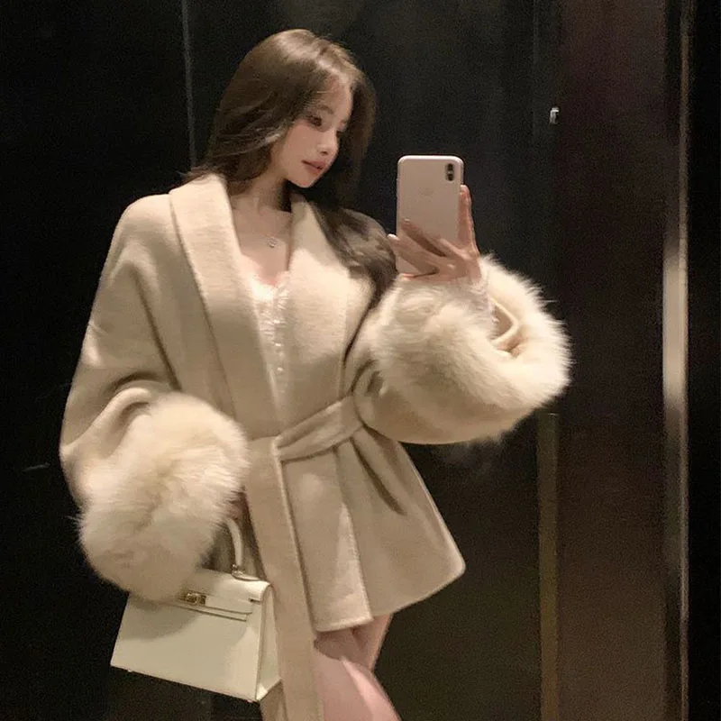 Women's Elegant Lace Up V-Neck Coat Fall Winter Loose Lapel Furry Belt Long Sleeve Jacket Lady Fashion Cardigan Coat Temperament