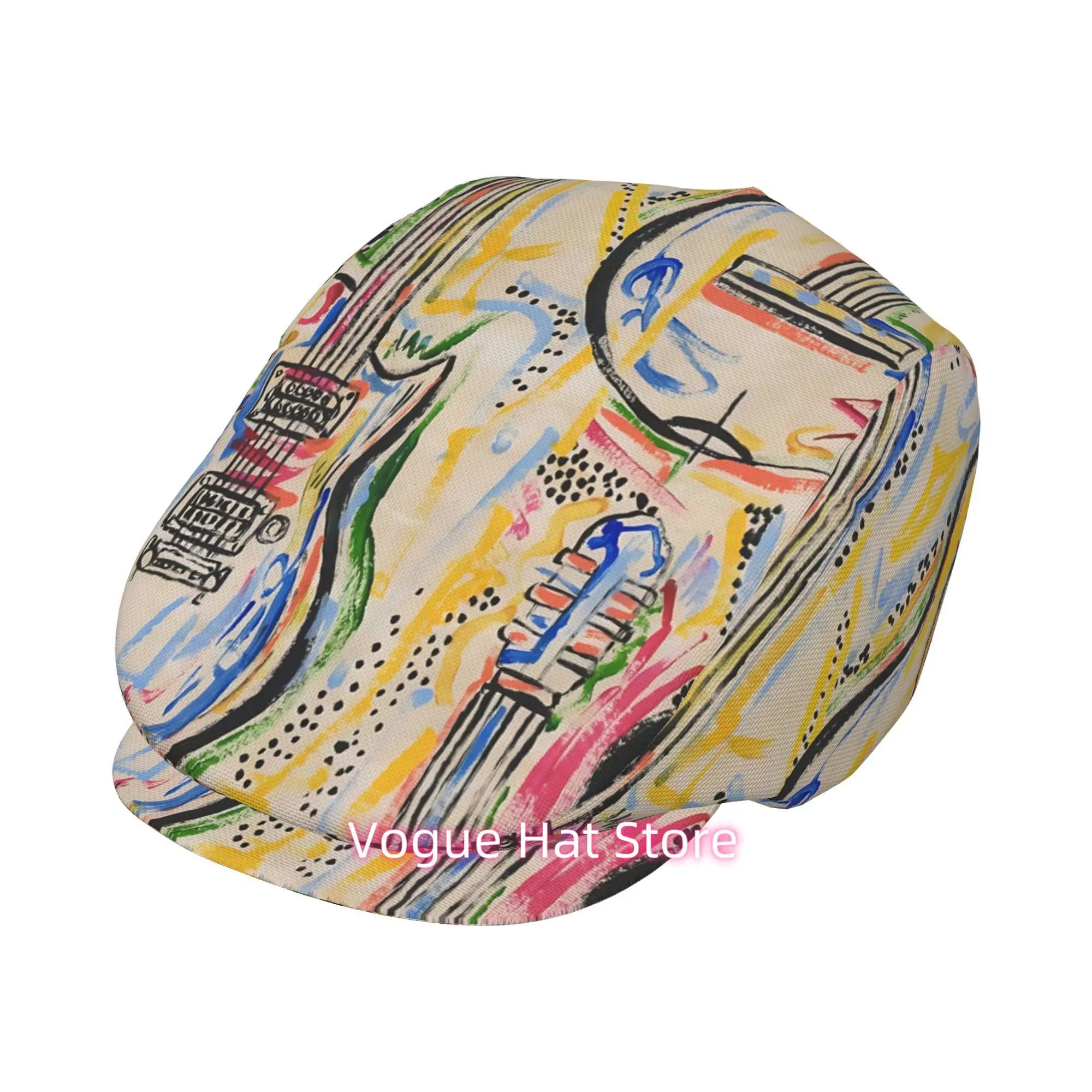 2D Flat, 1pc Guitar Rhapsody Art All-over printed beret,  newsboy cap, unisex, a must-have fashion accessory for outdoor leisure