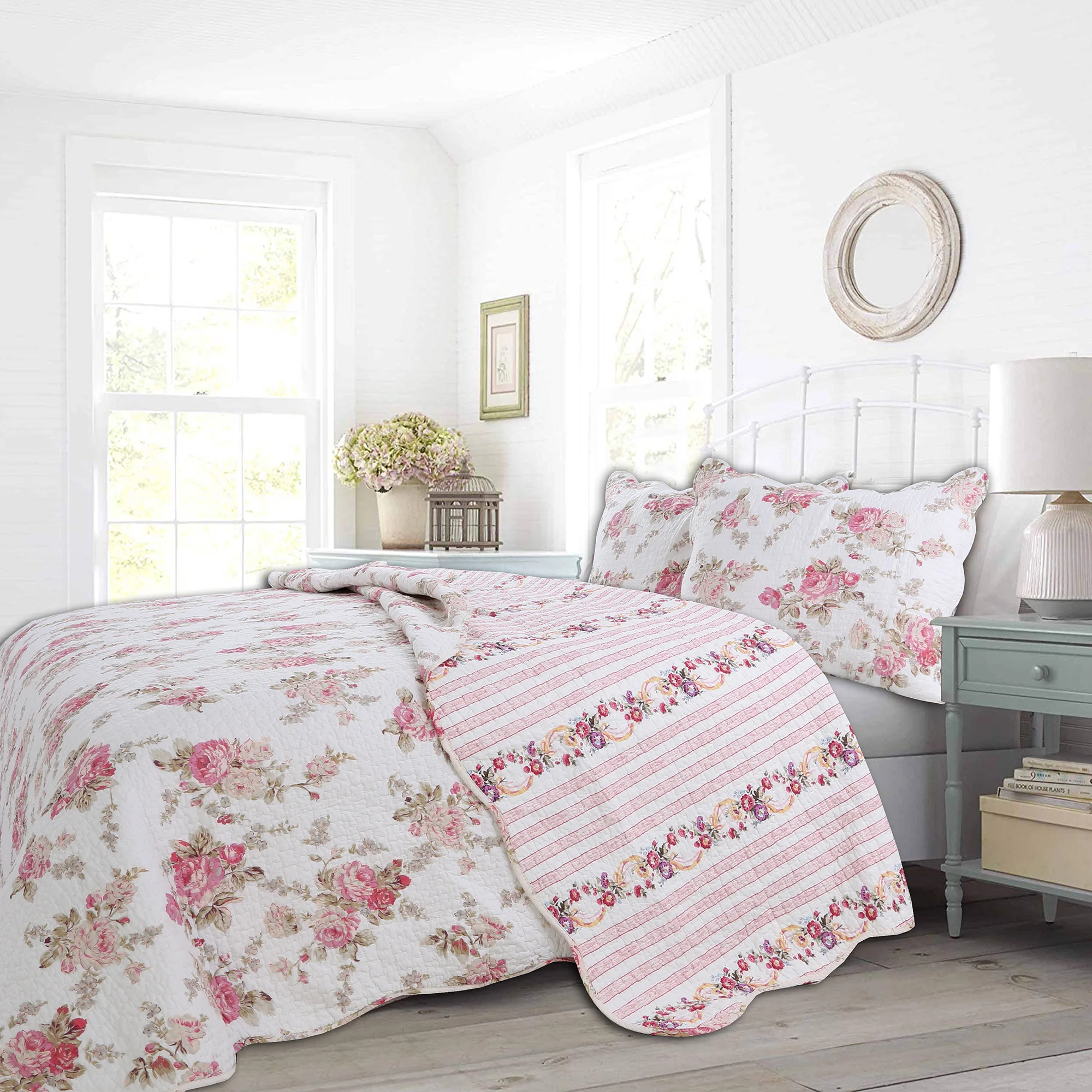 3pc 100 Cotton Shabby Chic Pink Peony Floral Reversible Quilt Bedding Set, Lightweight Bedspread Coverlet for All Seasons
