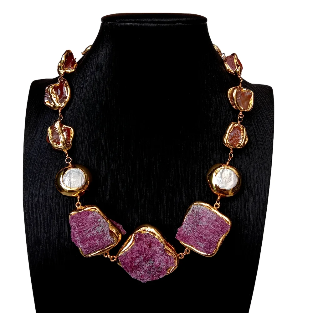 Y·YING Natural Rough Red Ruby Raw Rough Carnelian Cultured White Pearl Statement Necklace