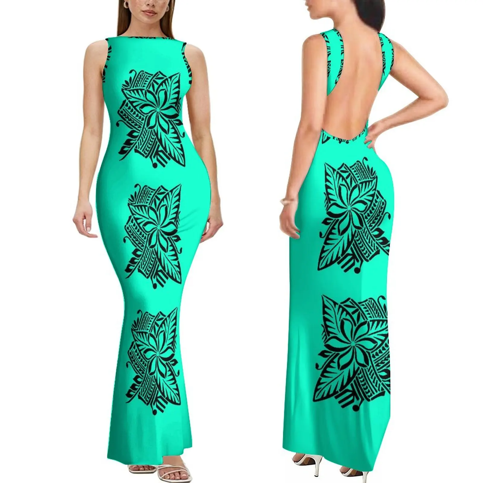High Quality Custom Sleeveless Backless Ladies Dresses Elei Tribal Print Womens Sexy Bodycon Long Maxi Dress Samoan Prom Dress