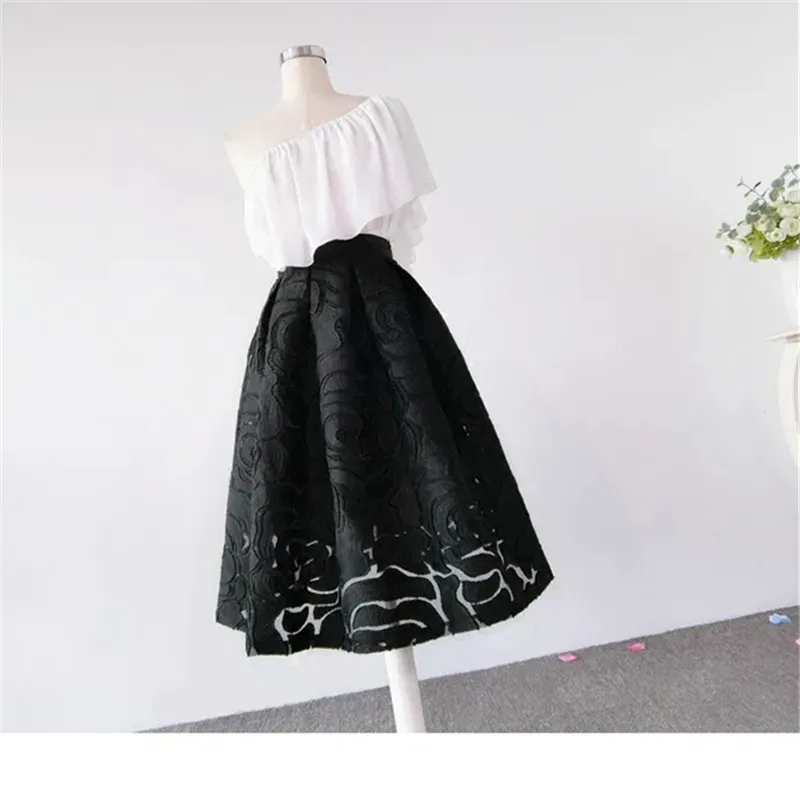 Black Skirt Organza Flocking Pattern High Waist Slimming Shaggy Skirts Mid-length Spring Summer Womens Skirts Faldas Mujer Moda