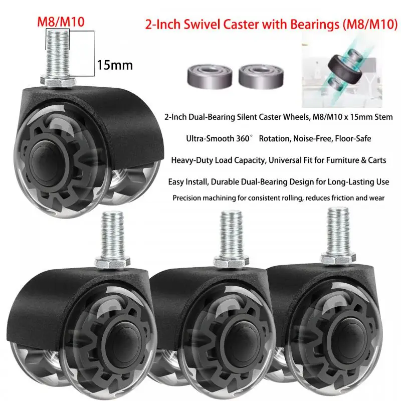 4pc 2 Inch Silent PU Caster Wheels Dual Bearing 360° Swivel with M8/M10 X 15mm Threaded Stem for Furniture Office Chair And Cart
