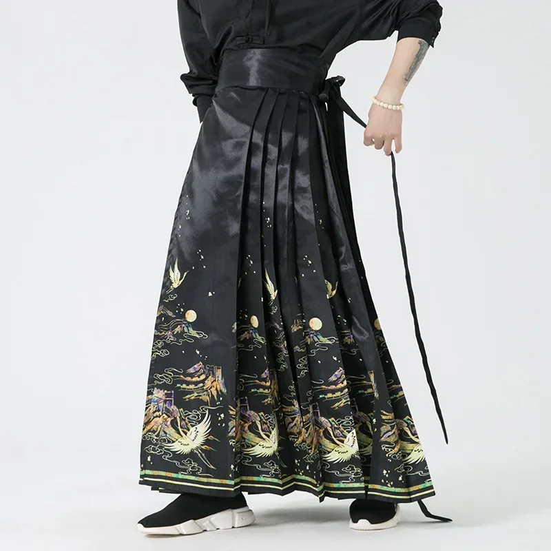 2023 Chinese Traditional Hanfu Fashion Horse Face Skirt Men Crane Pattern Vintage Pleated Skirts Cosplay Costume