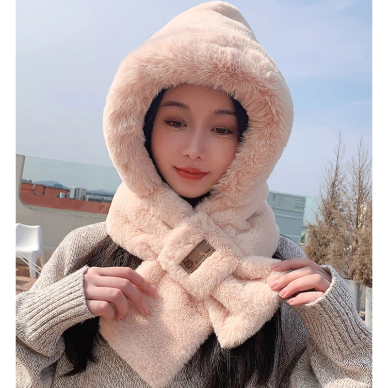 Scarf Hat Integrated Adult Style Autumn and Winter Warm Plush Thickened Imitation Rabbit Fur Cute Ear Protection Couple Style