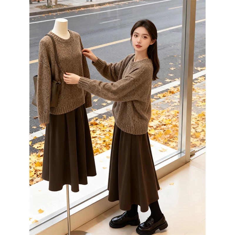 

Large Size Autumn Aosphere Knitted Sweater And Slimming Skirt Set for Women Coffee Color Two Piece Faion Ensemble