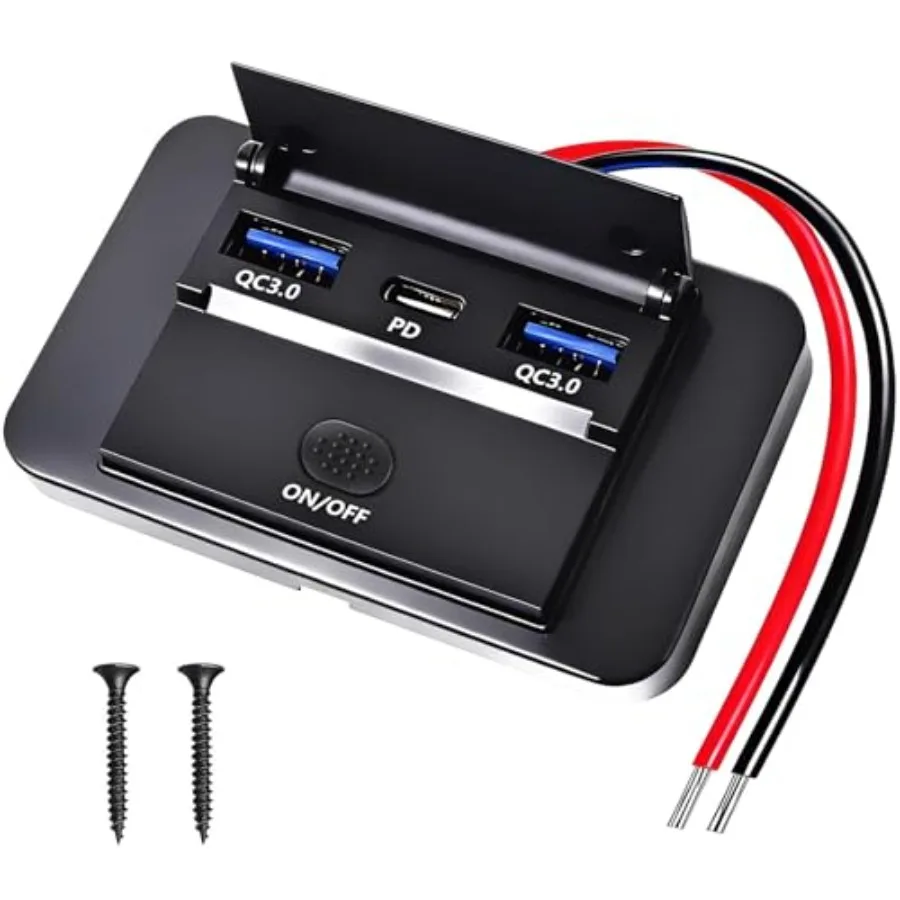 

12V 3-Port USB Charger 66W, Dual QC3.0 36W + PD3.0 Type-C 30W Fast Charging, Panel Mount for RV Boat Car Bus Motorcycle Marine