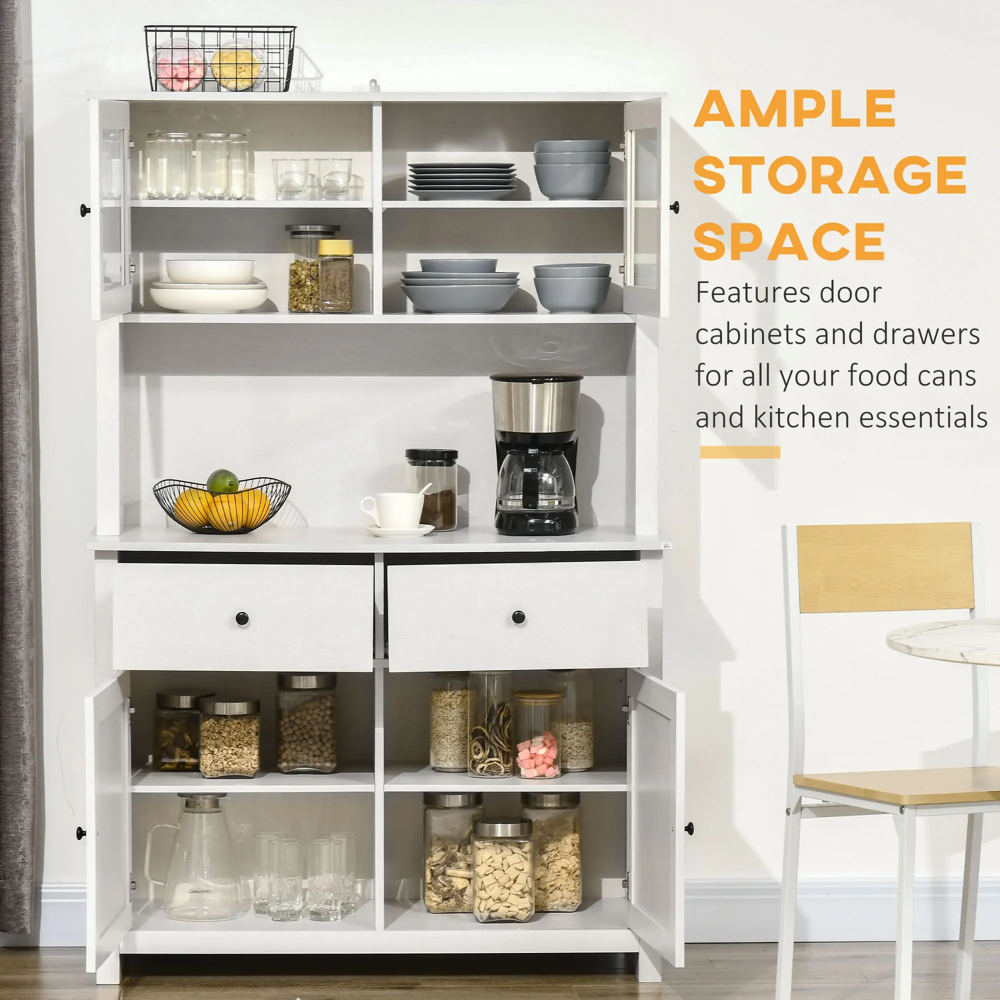 HOMCOM 63.5" Kitchen Buffet with Hutch, Pantry Storage Cabinet with 4 Shelves, Drawers, Framed Glass Doors, Open Microwave Countertop, Antique White image 4