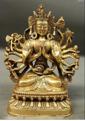 

7" Tibet Tantra Buddhism Brass 18 Hands Maha Cundi Mother Buddha Kwan-yin Statue