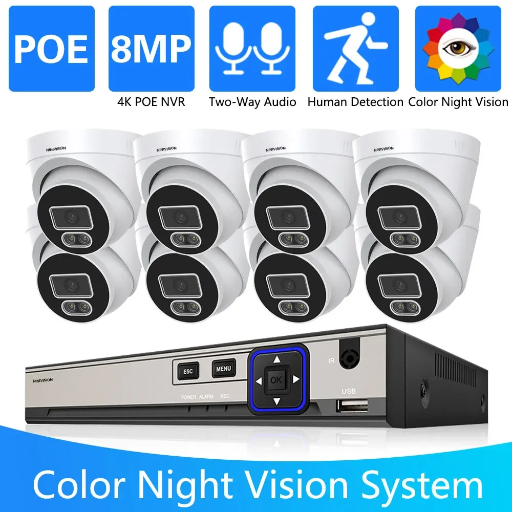 8CH 8MP 4K POE Security Surveillance Camera System Kit Colorful Night Vision Audio Recorder 4K IP Camera CCTV Video NVR Set