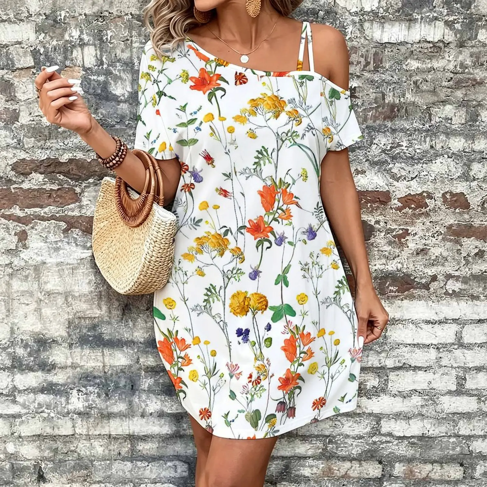 Women Print Cold Shoulder Short Sleeve Mini Dress Irregular Off Shoulder Casual Loose Tunic Dress
