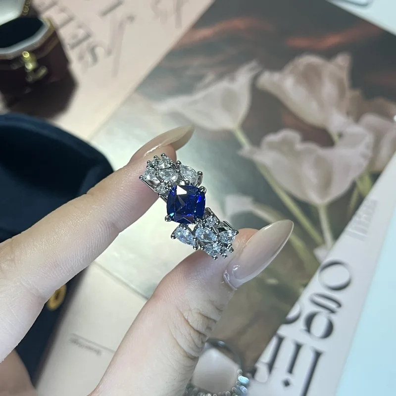 925 sterling silver cool style light luxury niche retro sapphire open ring for women's high-end simple fashion ring jewelry