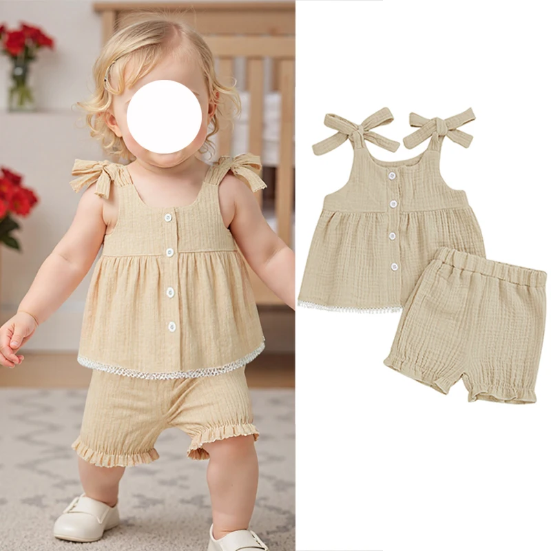 1-4Years Kids Baby Girls Summer Outfits Casual Vacation Set Solid Color Tie up Strap Button Camisole and Ruffled Shorts 2PCS