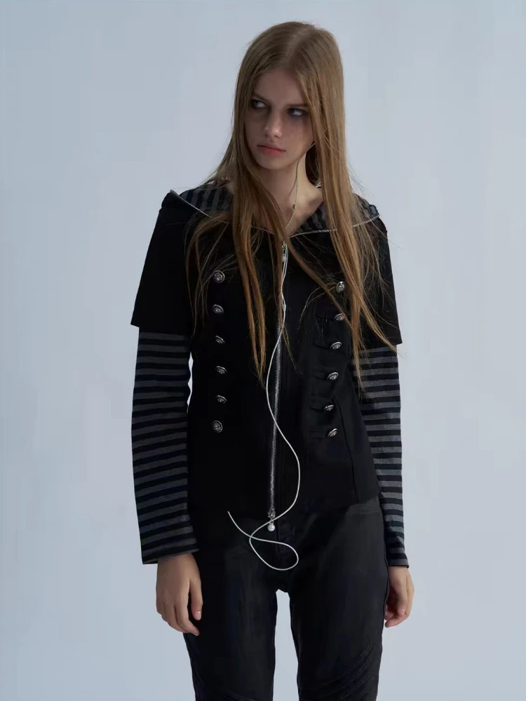 Unisex Black Striped Sleeve Hoodie Zip Up Faux Two Piece Napoleon Button Slim Fit Streetwear Alt Grunge Punk Edgy Y2K Aesthetic - view 6