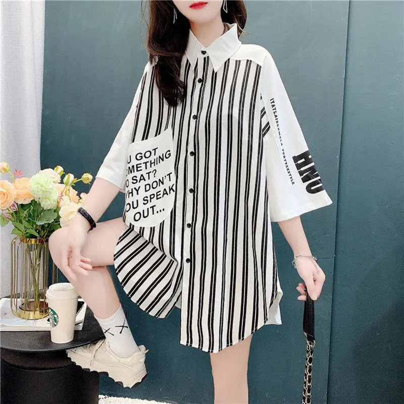 

Women's Clothing Striped Letter Printed Summer New Casual Single-breasted Shirt High Street Fashion Turn-down Collar Midi Blouse