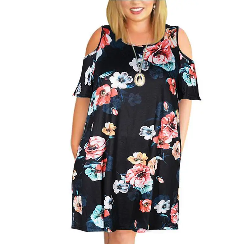 Big Size Clothing 2024 Summer Loose Woman Dress Elegant Sexy Off The Shoulder Flowers Printed Plus Size Dress Mom Vestidos