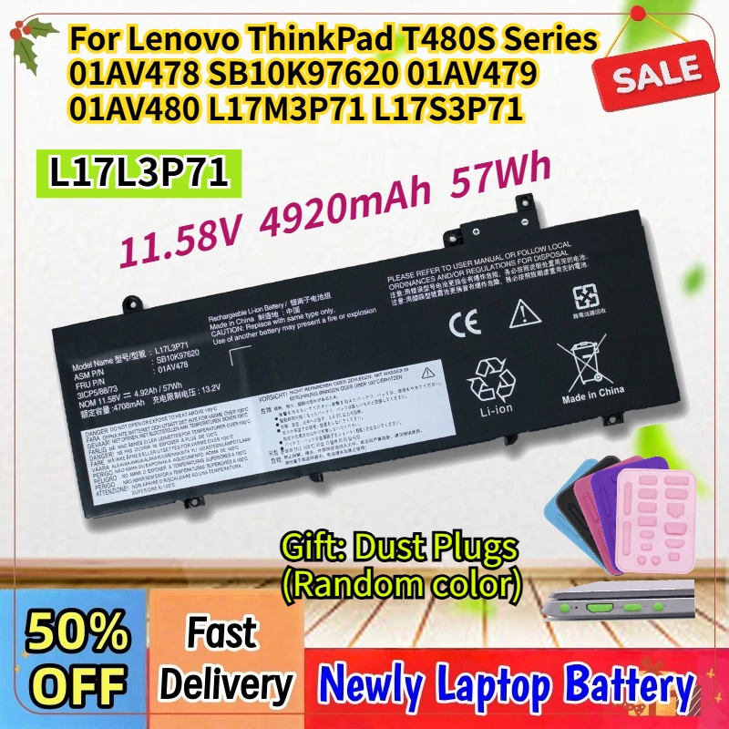 Nwe 4920mAh 57Wh L17L3P71 Laptop Battery For Lenovo ThinkPad T480S Series 01AV478 SB10K97620 01AV479 01AV480 L17M3P71 L17S3P71