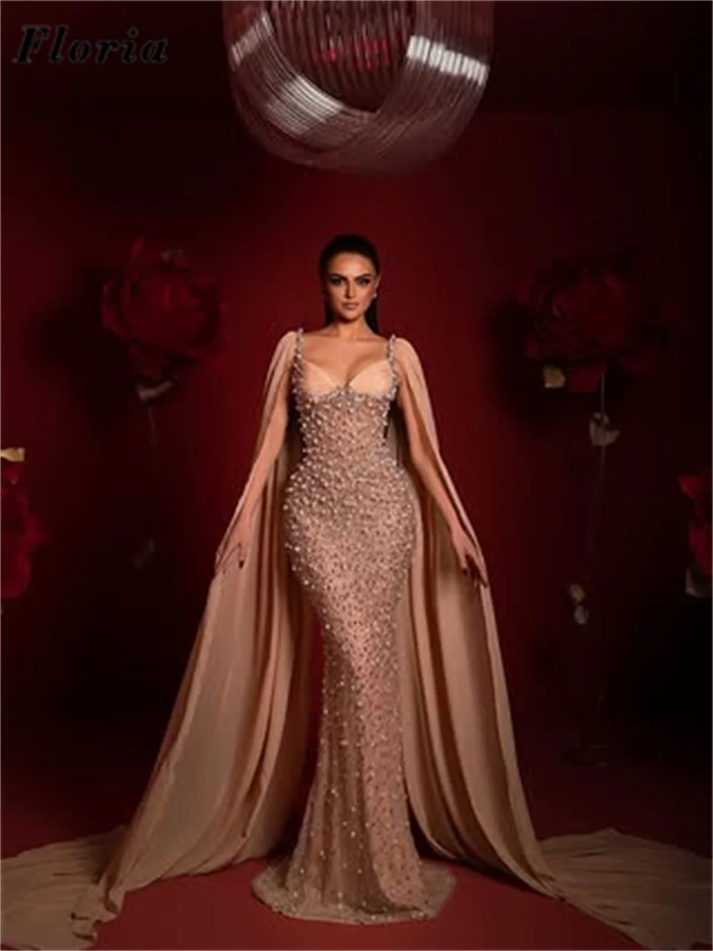 Charming Champagne Pearls Evening Dresses Customized Cap Sleeves Women Prom Dress Vestidos De Gala Beaded Wedding Party Gowns - view 3